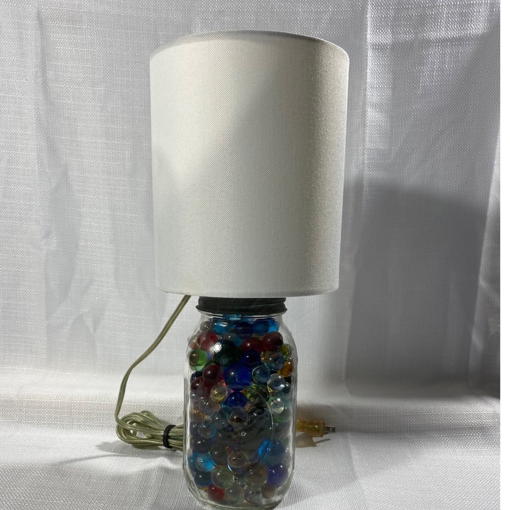Vintage Style Mason Jar Table Lamp with Multicolored Marbles White Drum Shade